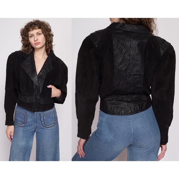 80s Black Leather Cropped Moto Jacket - Medium | Vintage Oversized Suede Coat - Picture 1 of 10